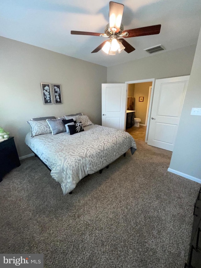 7805 Wistar Woods Pl, Henrico, VA 23228 - carpeted bedroom featuring visible vents, ceiling fan, ensuite bath, and baseboards