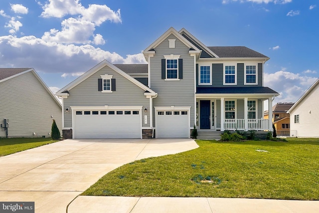 view of front of home with a porch, a garage, a front yard, and concrete driveway