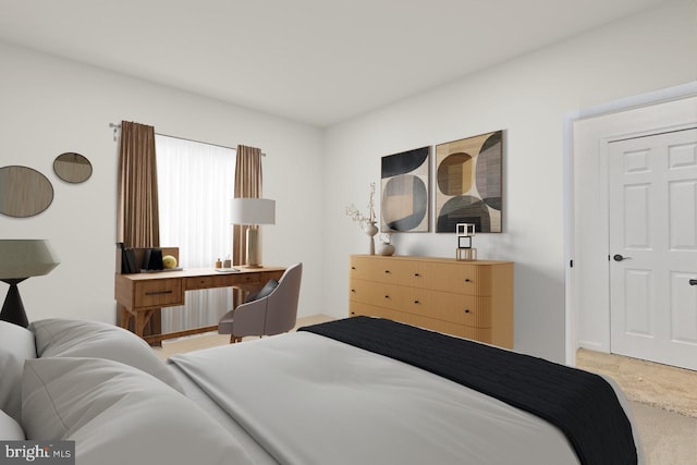 bedroom with radiator and light carpet
