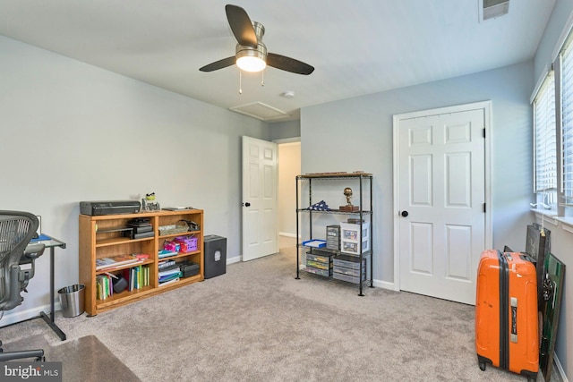 game room featuring ceiling fan, attic access, visible vents, baseboards, and carpet