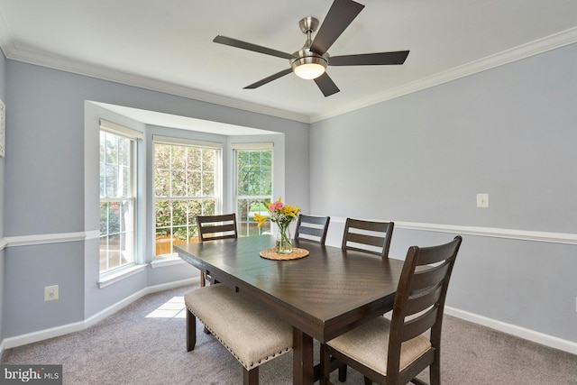 carpeted dining room featuring crown molding, baseboards, and plenty of natural light