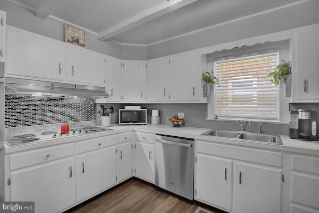 kitchen with white cabinetry, under cabinet range hood, a sink, backsplash, and stainless steel appliances