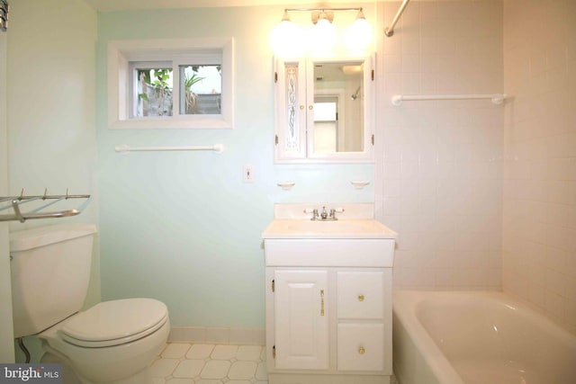 full bathroom with toilet, bathing tub / shower combination, vanity, and baseboards