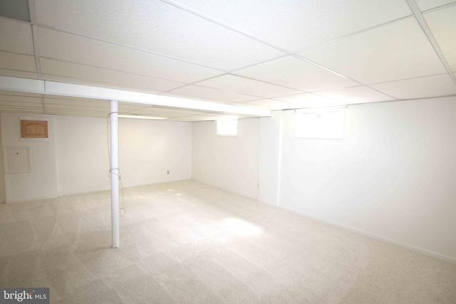 below grade area featuring carpet floors and a drop ceiling