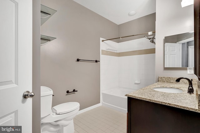 bathroom featuring tile patterned floors, toilet, shower / bathtub combination, baseboards, and vanity