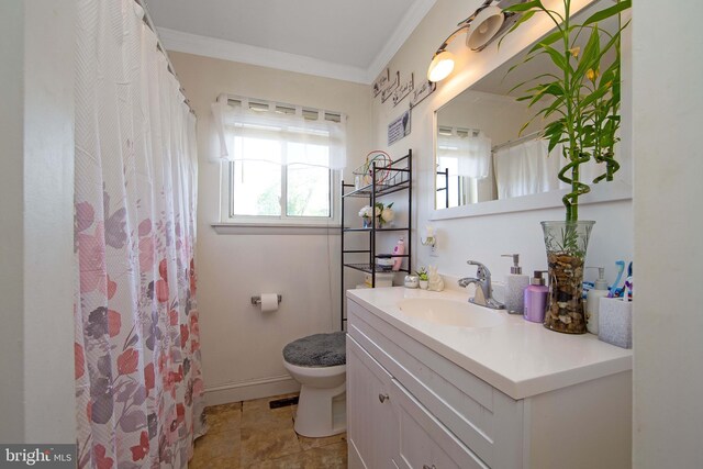 bathroom with visible vents, curtained shower, vanity, toilet, and ornamental molding