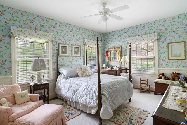 42 Old Farm Rd, Charlottesville, VA 22903 - bedroom featuring a wainscoted wall, ceiling fan, wallpapered walls, and carpet floors