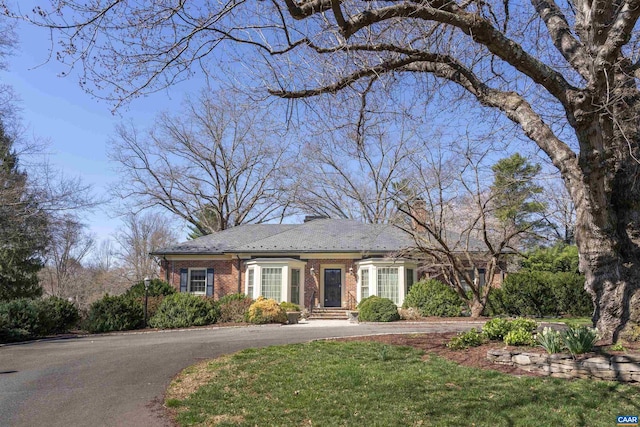 42 Old Farm Rd, Charlottesville, VA 22903 - view of front facade with brick siding, a front yard, and curved driveway