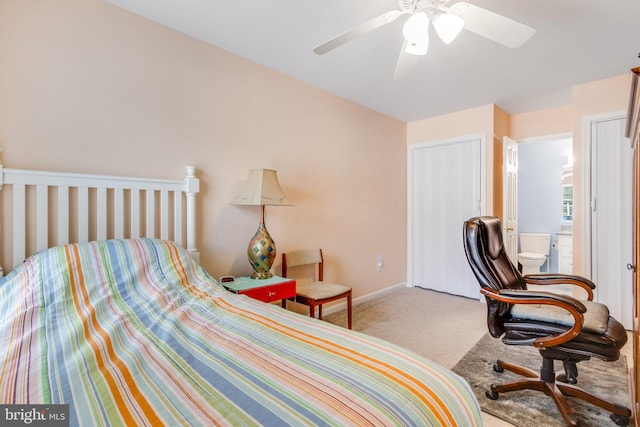 carpeted bedroom featuring ceiling fan, baseboards, and a closet