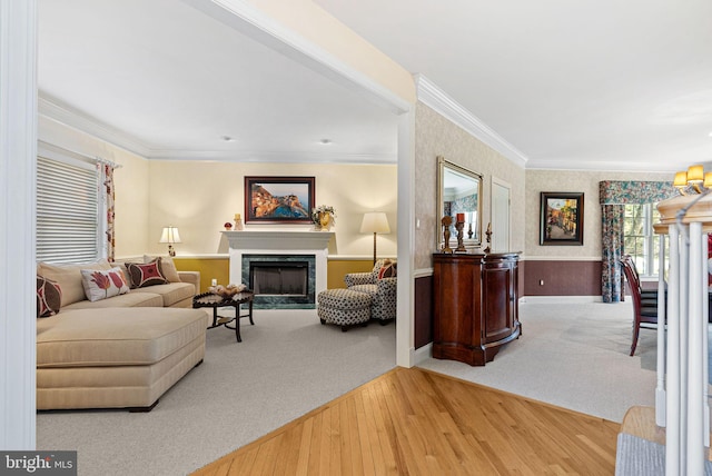 carpeted living room with baseboards, ornamental molding, a fireplace, wood finished floors, and wainscoting
