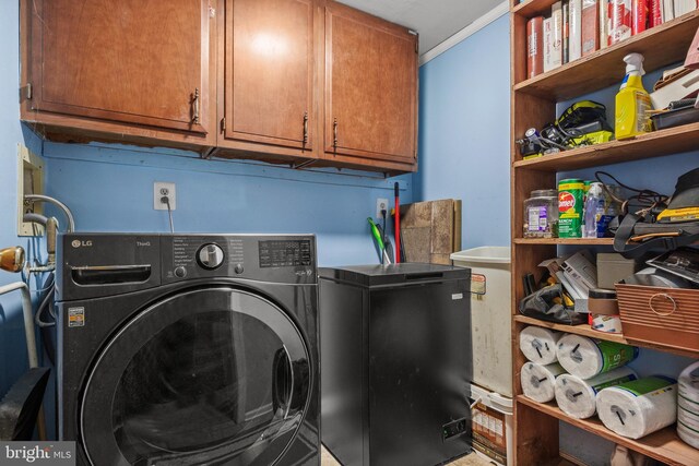 108 Shoreline Dr, Atco, NJ 08004 - washroom with washer / clothes dryer, cabinet space, and crown molding