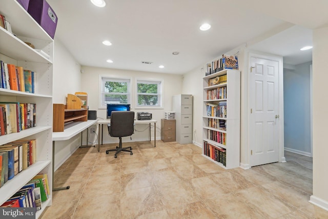 home office featuring recessed lighting and baseboards