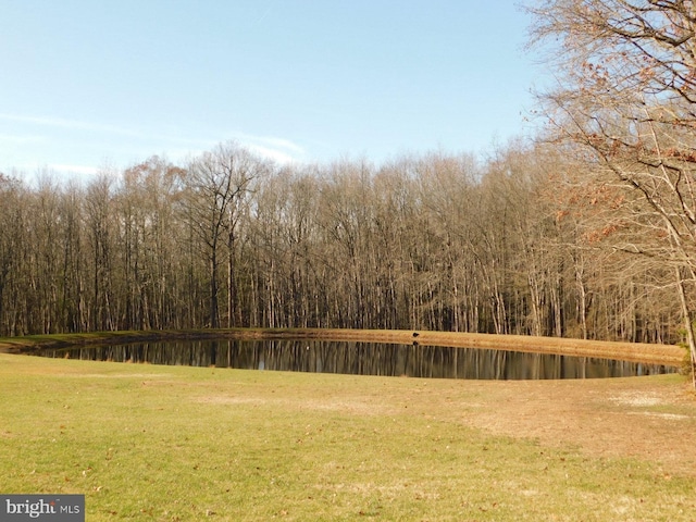 view of yard with a forest view and a water view