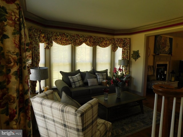 living room with baseboards and crown molding