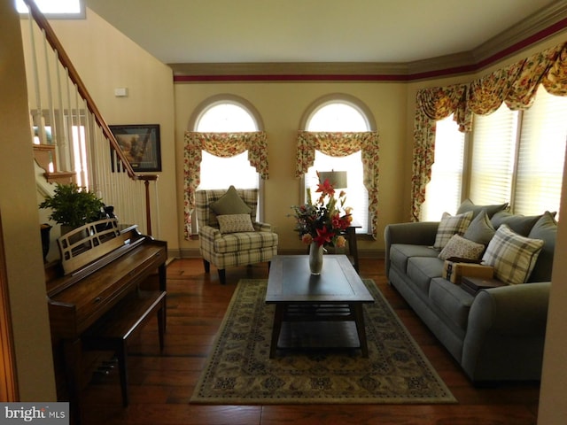 living room with stairs, crown molding, and hardwood / wood-style floors
