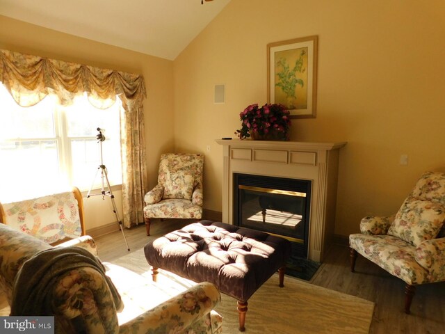 sitting room with vaulted ceiling, wood finished floors, a glass covered fireplace, and baseboards