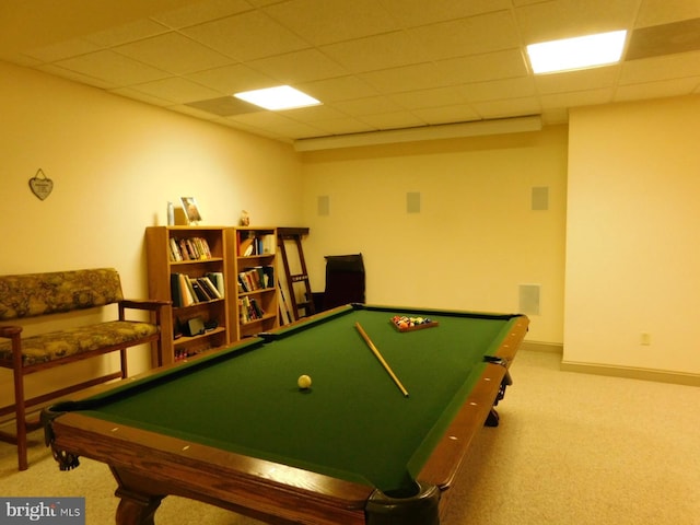 recreation room featuring baseboards, carpet floors, pool table, and a paneled ceiling