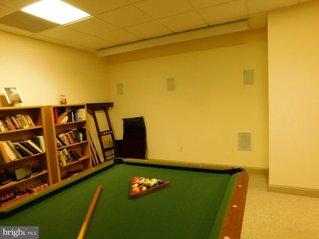 playroom featuring a drop ceiling, pool table, and carpet