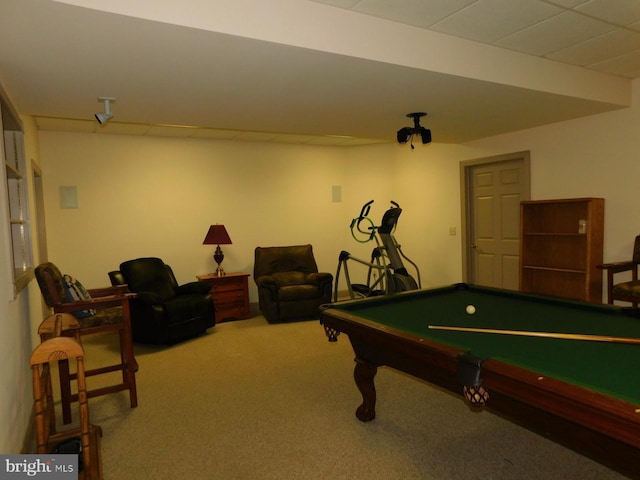 recreation room featuring carpet flooring and billiards