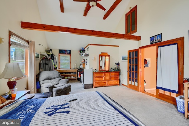 4315 Washington Blvd, Halethorpe, MD 21227 - bedroom featuring carpet, beamed ceiling, high vaulted ceiling, and baseboards