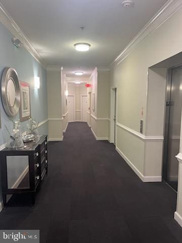 hallway with baseboards, carpet flooring, and crown molding
