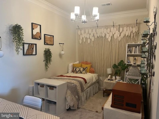 bedroom with carpet floors, a notable chandelier, crown molding, and visible vents