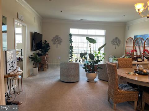 carpeted dining room with an inviting chandelier and crown molding