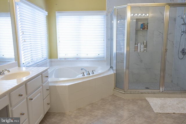 3701 Spicebush Way, Frederick, MD 21704 - full bath with tile patterned flooring, a bath, a marble finish shower, and vanity