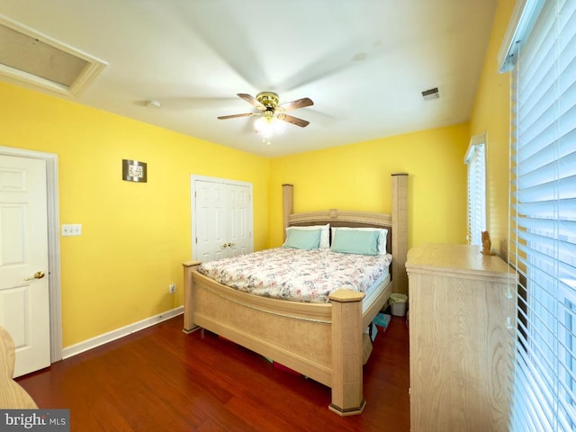 3701 Spicebush Way, Frederick, MD 21704 - bedroom featuring dark wood finished floors, attic access, baseboards, and ceiling fan
