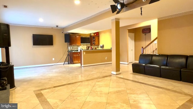 3701 Spicebush Way, Frederick, MD 21704 - living room with inlaid floor details, baseboards, recessed lighting, and stairway
