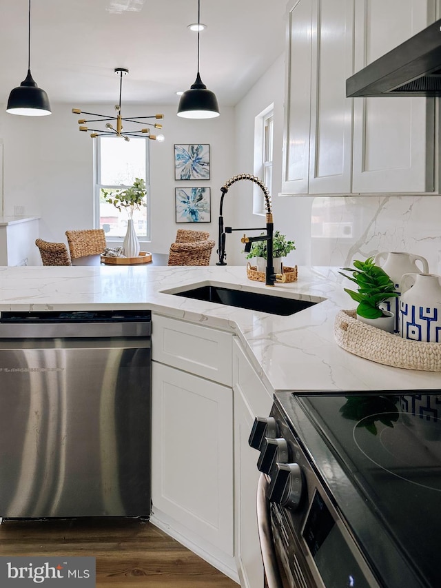 kitchen featuring electric stove, stainless steel dishwasher, under cabinet range hood, a sink, and dark wood-type flooring