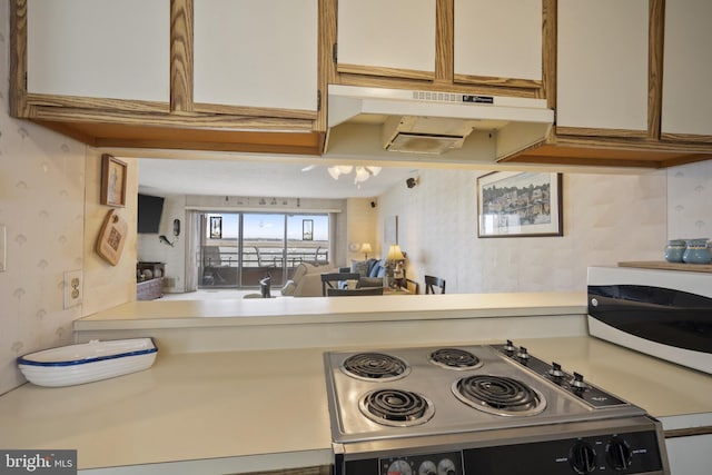 kitchen featuring wallpapered walls, under cabinet range hood, light countertops, white microwave, and electric range