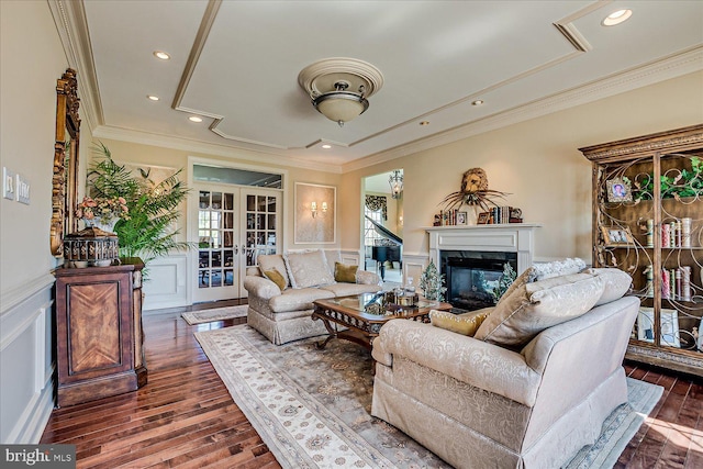 6 Ridgeview Way, Allentown, NJ 08501 - living area with crown molding, french doors, a wainscoted wall, and a decorative wall