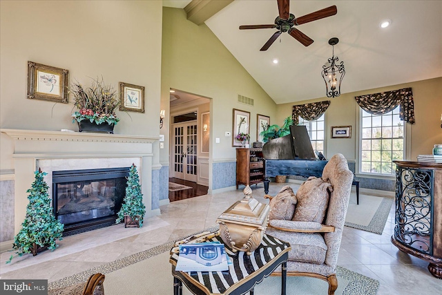 6 Ridgeview Way, Allentown, NJ 08501 - living room featuring high vaulted ceiling, wainscoting, ceiling fan, beam ceiling, and visible vents