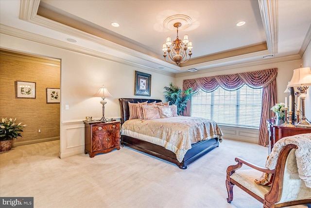 6 Ridgeview Way, Allentown, NJ 08501 - bedroom featuring a wainscoted wall, a notable chandelier, crown molding, carpet floors, and a raised ceiling