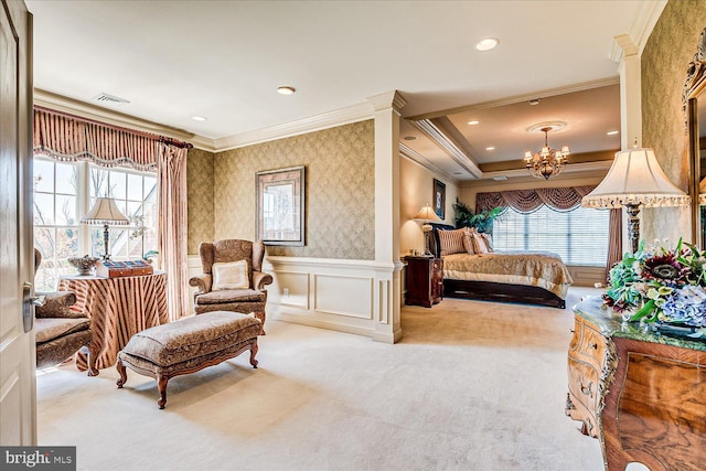 6 Ridgeview Way, Allentown, NJ 08501 - bedroom featuring crown molding, wallpapered walls, wainscoting, a chandelier, and carpet floors