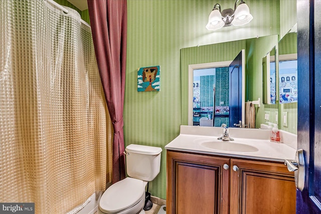 6 Ridgeview Way, Allentown, NJ 08501 - full bathroom with wallpapered walls, vanity, a notable chandelier, and toilet