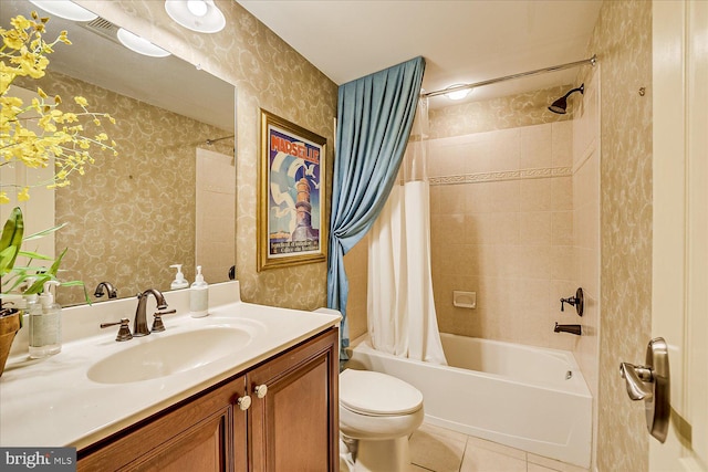6 Ridgeview Way, Allentown, NJ 08501 - bathroom with toilet, wallpapered walls, tile patterned flooring, shower / bathtub combination with curtain, and vanity