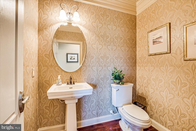 6 Ridgeview Way, Allentown, NJ 08501 - half bath featuring crown molding, wallpapered walls, wood finished floors, and toilet