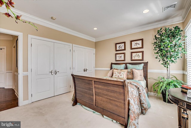 6 Ridgeview Way, Allentown, NJ 08501 - bedroom with multiple closets, light colored carpet, ornamental molding, visible vents, and recessed lighting