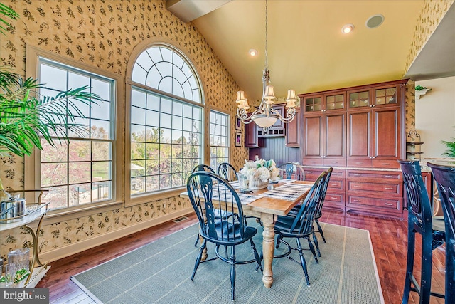 6 Ridgeview Way, Allentown, NJ 08501 - dining space featuring dark wood-style floors, an inviting chandelier, and wallpapered walls