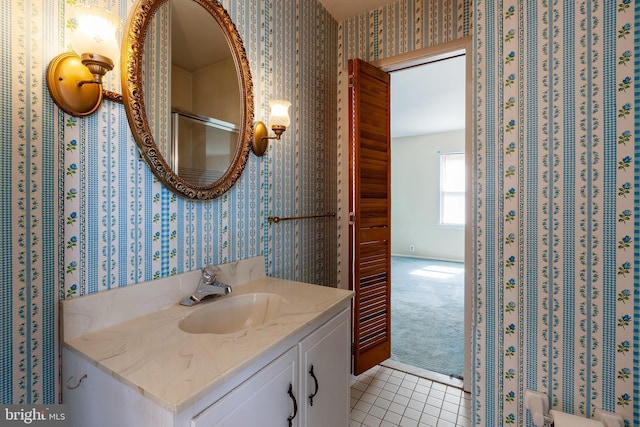 30 Cooper Ave, Marlton, NJ 08053 - bathroom with tile patterned flooring, an enclosed shower, vanity, and wallpapered walls