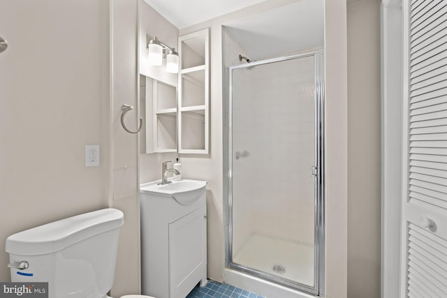 full bathroom with a shower stall, vanity, toilet, a closet, and tile patterned flooring