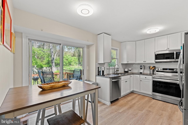 kitchen featuring appliances with stainless steel finishes, white cabinetry, tasteful backsplash, and light wood-style floors