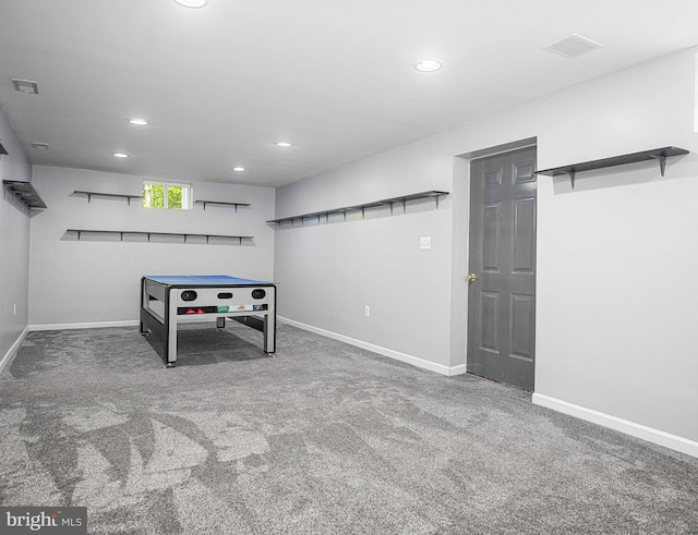 game room featuring recessed lighting, carpet, and baseboards