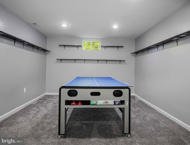 game room with carpet floors, recessed lighting, baseboards, and visible vents