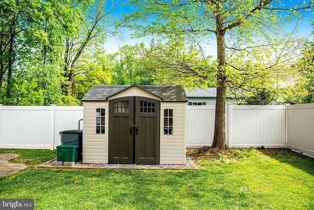 view of shed with a fenced backyard