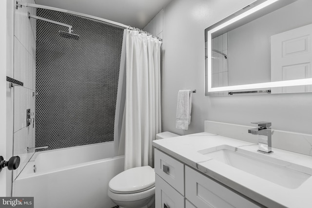bathroom with vanity, shower / bathtub combination with curtain, and toilet