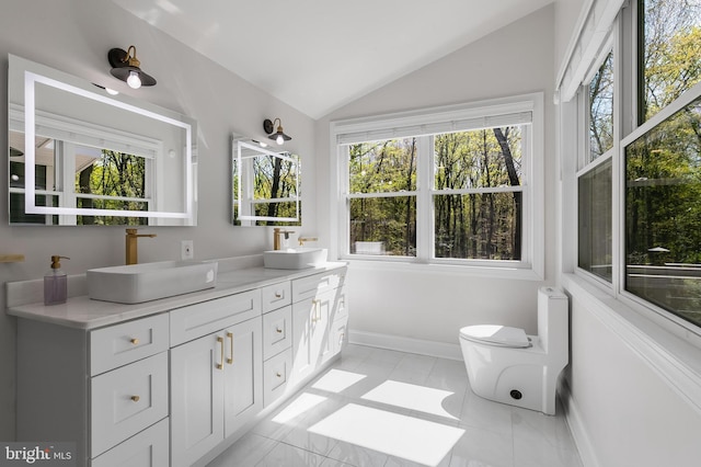 bathroom featuring double vanity, vaulted ceiling, toilet, and a sink