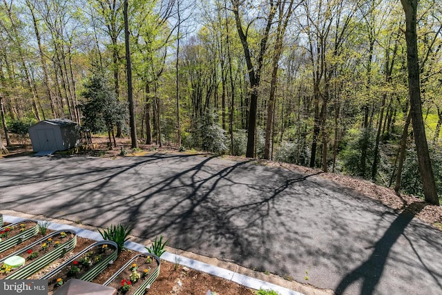 view of patio featuring an outdoor structure, a wooded view, and a storage shed